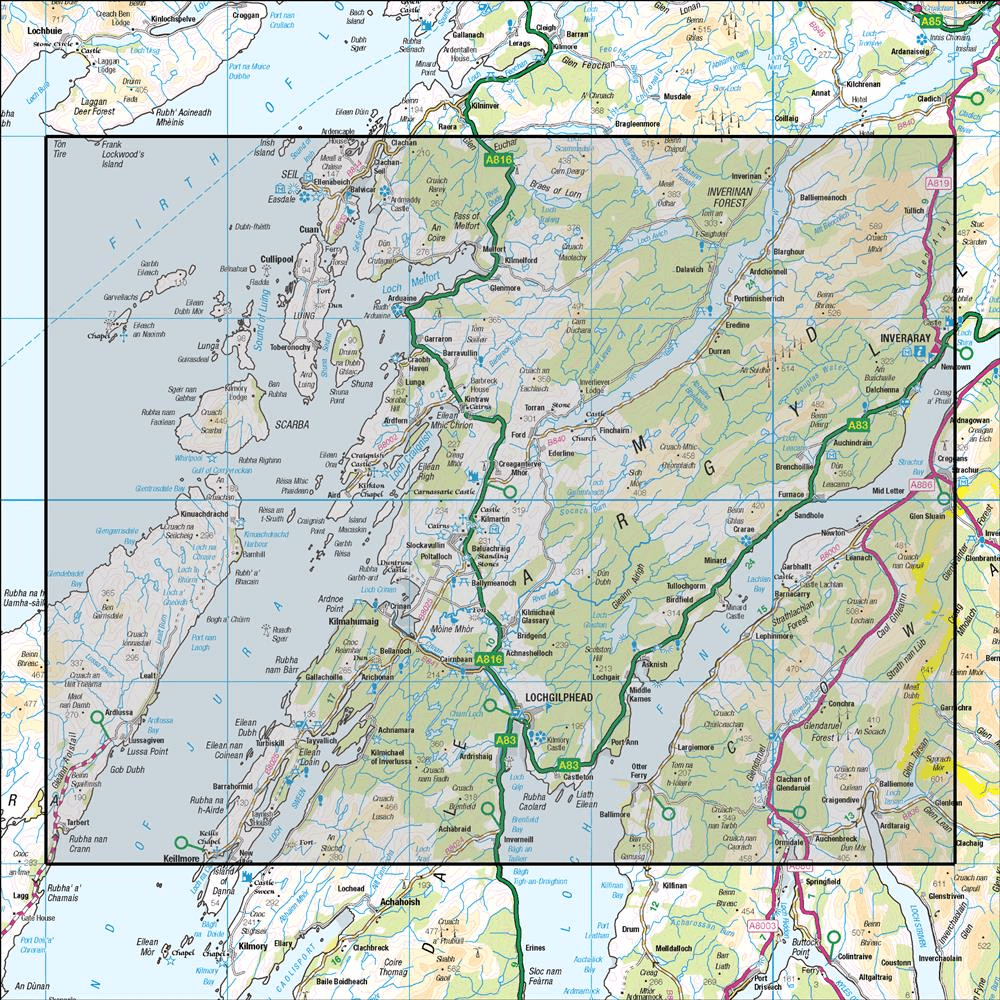 Outdoor Map Navigator image showing the area of the 1:50,000 scale Ordnance Survey Landranger map 55 Lochgilphead & Loch Awe